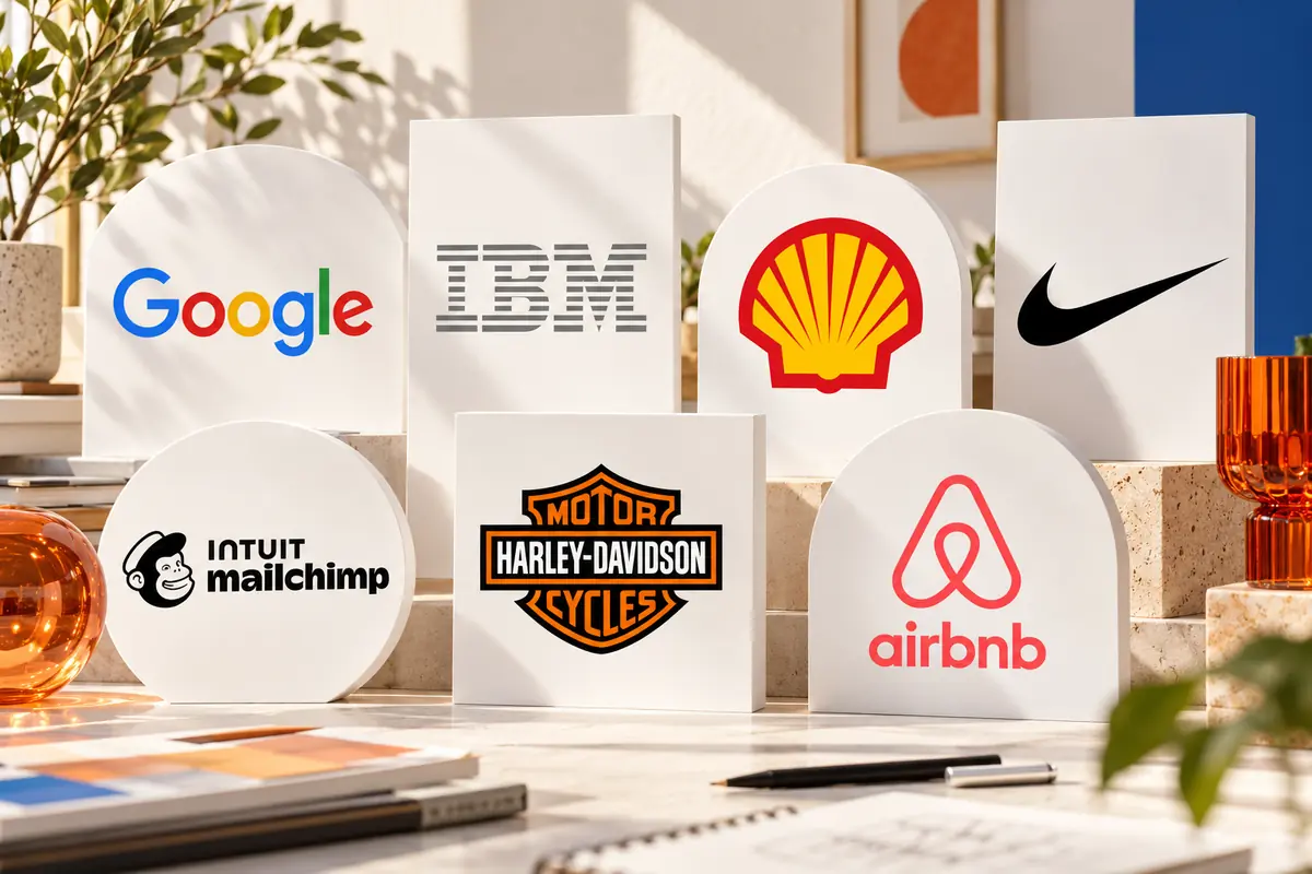 logo-types-famous-brands مقایسهٔ انواع لوگو با نمونههای گوگل، آیبیام، شل، نایک، میلچیمپ، هارلیدیویدسن و ایربیانبی در چیدمانی سهبعدی